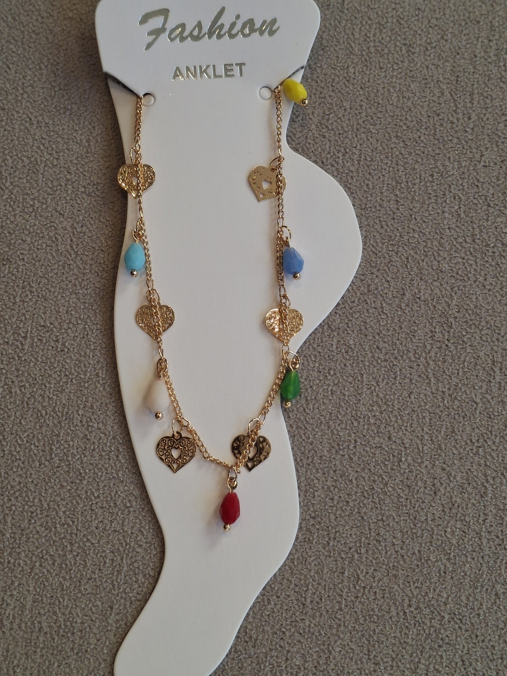 Gold Heart Charm Anklet with Multicolor Beads
